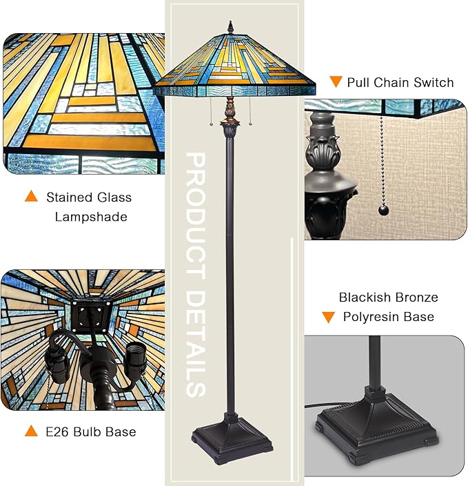 Capulina Tiffany Floor Lamp 2-Light 16X16X63 Inches Blue Amber Mission Antique Style Stained Glass Standing Reading Light for Living Room Bedroom Home Office - LeafyLoom