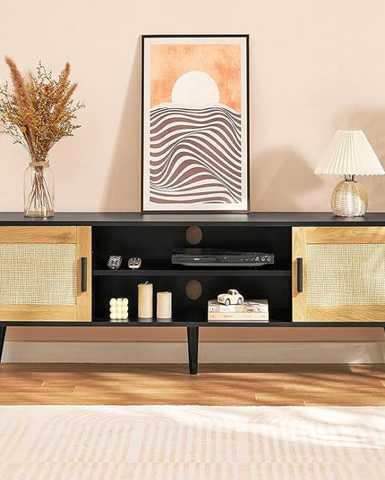Iwell Rattan TV Stand for 70 inch TV, Entertainment Center with Adjustable Shelf & 2 Cabinets, TV Stands for Living Room, Bedroom, Natural + Black - LeafyLoom
