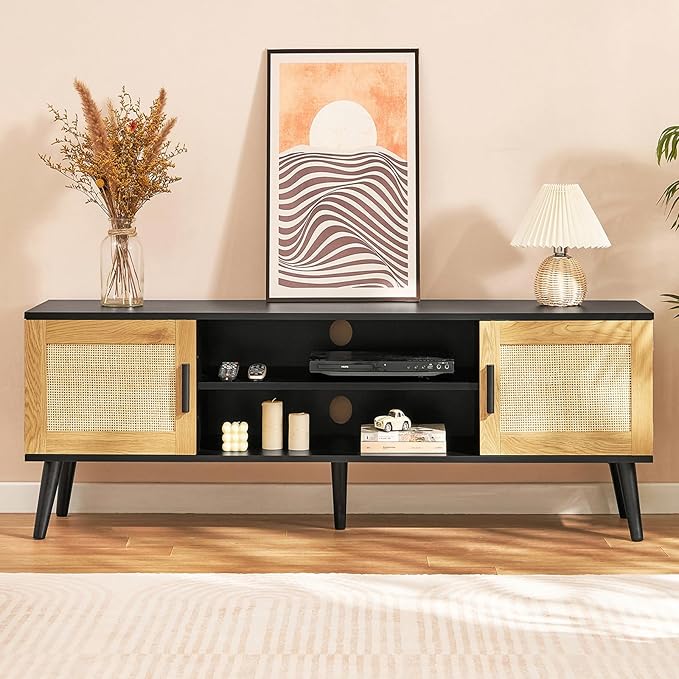 Iwell Rattan TV Stand for 70 inch TV, Entertainment Center with Adjustable Shelf & 2 Cabinets, TV Stands for Living Room, Bedroom, Natural + Black - LeafyLoom