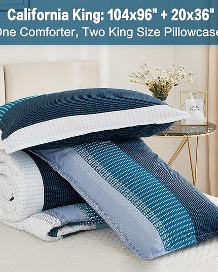 Litanika Navy Blue California King Comforter Set - 3 Pieces Cal King Oversized Lightweight Summer Colorblock Stripe Bedding Set (104x96In, 2 Pillowcases) - LeafyLoom