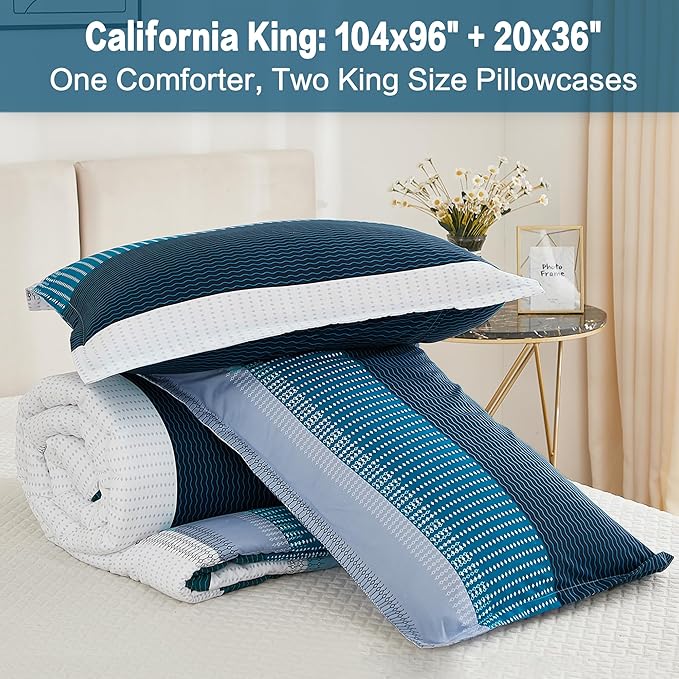 Litanika Navy Blue California King Comforter Set - 3 Pieces Cal King Oversized Lightweight Summer Colorblock Stripe Bedding Set (104x96In, 2 Pillowcases) - LeafyLoom