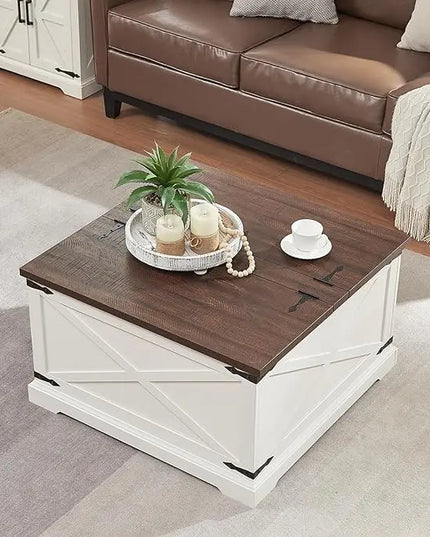 Farmhouse Square Coffee Table with Storage, Wood Center Table with Hinged Lift Top, Rustic Cocktail Table with Large Hidden Storage Compartment for Living Room, Bedroom,White - LeafyLoom