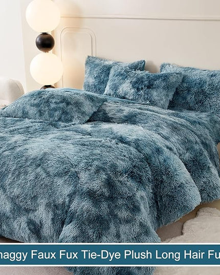 WINLIFE Shaggy Bedding Comforter Set Full Blue Faux Fur Flannel Furry Comforter Plush Comforter Sets Gradient Ombre Tie Dye Bedding for Teens Adults (3Pcs, Full, Smoke Blue) - LeafyLoom