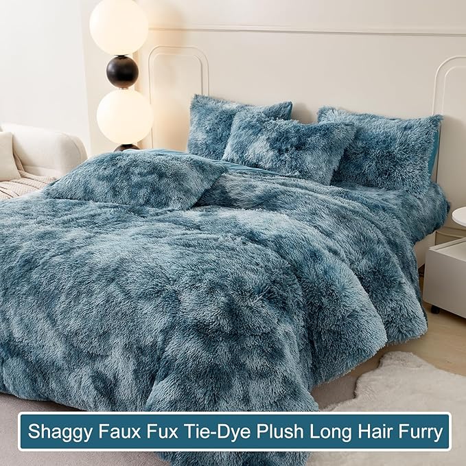 WINLIFE Shaggy Bedding Comforter Set Full Blue Faux Fur Flannel Furry Comforter Plush Comforter Sets Gradient Ombre Tie Dye Bedding for Teens Adults (3Pcs, Full, Smoke Blue) - LeafyLoom