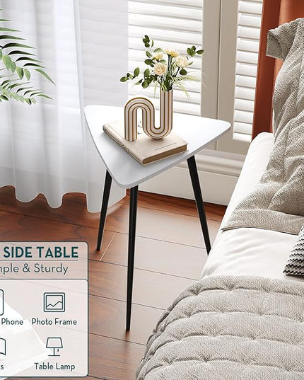 SAYGOER White End Table for Small Places Triangle Side Tables Modern Sofa Table for Living Room Bedroom Office Small Night Stand Metal Legs Bedside Table White Home Decor, Easy Assembly - LeafyLoom