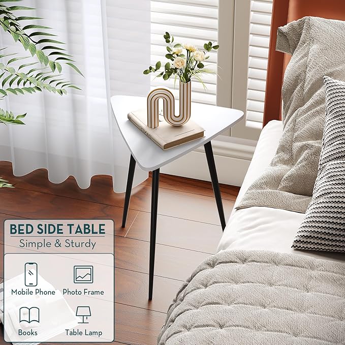SAYGOER White End Table for Small Places Triangle Side Tables Modern Sofa Table for Living Room Bedroom Office Small Night Stand Metal Legs Bedside Table White Home Decor, Easy Assembly - LeafyLoom