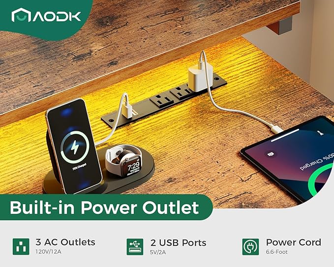 AODK Computer Desk, 48 Inch Gaming Desk with LED Lights and Power Outlet, Office Desk with Adjustable Monitor Shelf (3 Heights), Computer Table Work Desk for Home/Bedroom, Rustic Brown - LeafyLoom