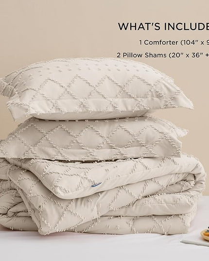 Bedsure King Size Comforter Set - Beige Comforter, Boho Tufted Shabby Chic Bedding Comforter Set, 3 Pieces Vintage Farmhouse Bed Set for All Seasons, Fluffy Soft Bedding Set with 2 Pillow Shams - LeafyLoom