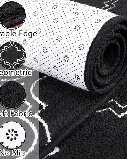 Chicrug Shag Geometric 7x10 Area Rug for Living Room, Large Modern Memory Foam Indoor Carpet, Fluffy Rug for Bedroom Bedside Room Decor for Family Girls Kids Nursery, Black/White - LeafyLoom