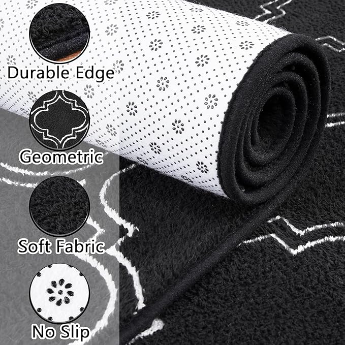 Chicrug Shag Geometric 7x10 Area Rug for Living Room, Large Modern Memory Foam Indoor Carpet, Fluffy Rug for Bedroom Bedside Room Decor for Family Girls Kids Nursery, Black/White - LeafyLoom