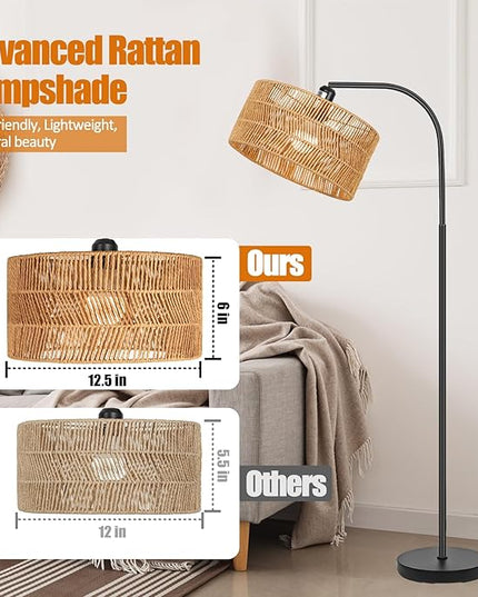 Rattan Floor Lamp- Boho Floor Lamp for Living Room, Rattan Standing Lamps with Dimmable Bulb, Adjustable Rattan Lamp Shades Bohemian Over Couch Lamps for Bedroom, Office - LeafyLoom
