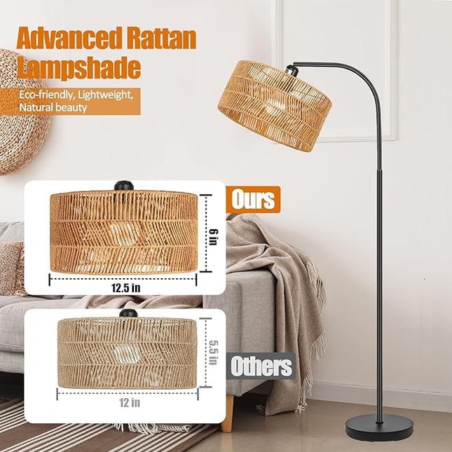Rattan Floor Lamp- Boho Floor Lamp for Living Room, Rattan Standing Lamps with Dimmable Bulb, Adjustable Rattan Lamp Shades Bohemian Over Couch Lamps for Bedroom, Office - LeafyLoom