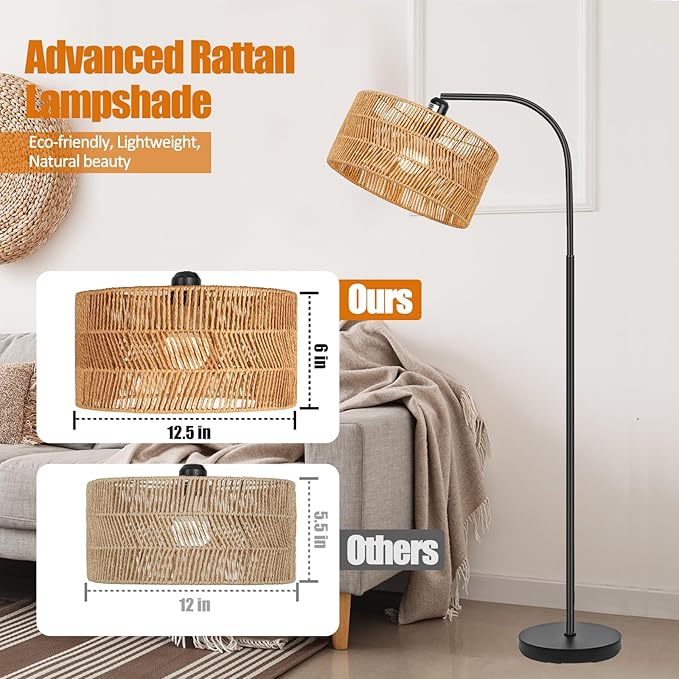 Rattan Floor Lamp- Boho Floor Lamp for Living Room, Rattan Standing Lamps with Dimmable Bulb, Adjustable Rattan Lamp Shades Bohemian Over Couch Lamps for Bedroom, Office - LeafyLoom