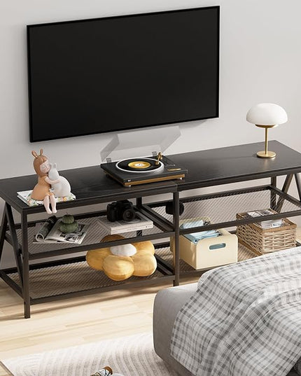 TV Stand for TV up to 65 Inch, Long 55" TV Cabinet with 3-Tier Storage Shelves,Entertainment Center TV Console Table for Living Room with Industrial TV Metal Frame, Black Oak - LeafyLoom