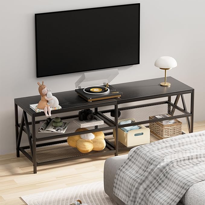 TV Stand for TV up to 65 Inch, Long 55" TV Cabinet with 3-Tier Storage Shelves,Entertainment Center TV Console Table for Living Room with Industrial TV Metal Frame, Black Oak - LeafyLoom