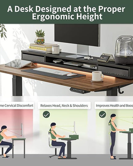 FEZIBO 48 x 24 Inch Height Adjustable Electric Standing Desk with Double Drawers, Stand Up Desk with LED Strips, Sit Stand Desk with Monitor Stand, Blcak Walnut - LeafyLoom