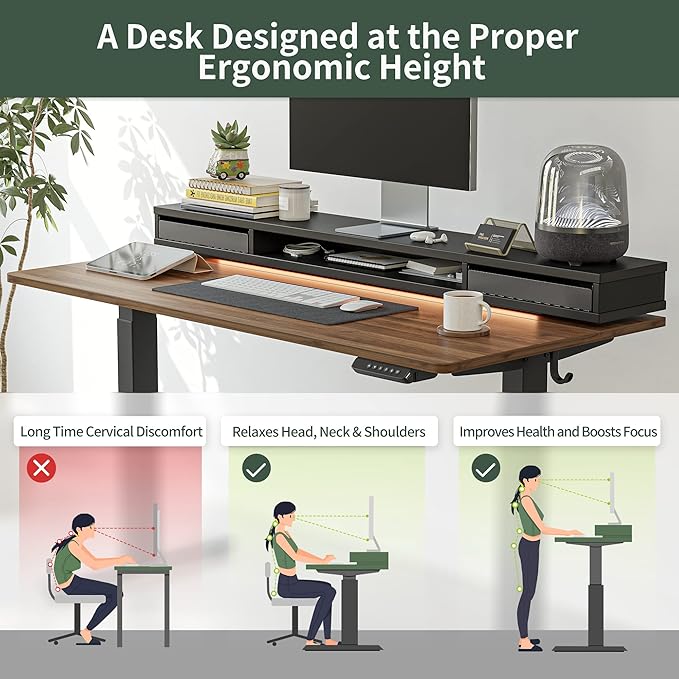 FEZIBO 48 x 24 Inch Height Adjustable Electric Standing Desk with Double Drawers, Stand Up Desk with LED Strips, Sit Stand Desk with Monitor Stand, Blcak Walnut - LeafyLoom