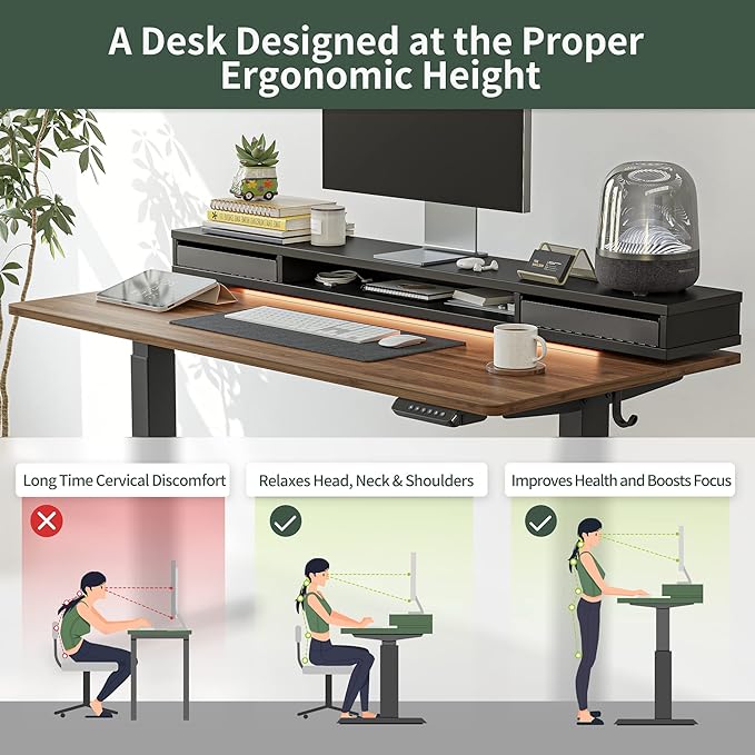 FEZIBO 55 x 24 Inch Height Adjustable Electric Standing Desk with Double Drawers, Stand Up Desk with LED Strips, Sit Stand Desk with Monitor Stand, Blcak Walnut - LeafyLoom
