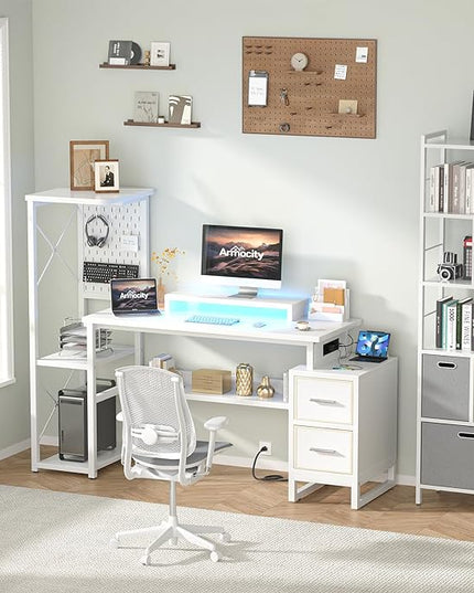 Computer Desk with 2 Fabric Drawers - Reversible Home Office Desk with Power Outlet & LED Lights, 53" Writing Desk with Monitor Stand & Storage Shelves, Gaming Desk Study Table with Pegboard, White - LeafyLoom
