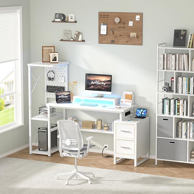 Computer Desk with 2 Fabric Drawers - Reversible Home Office Desk with Power Outlet & LED Lights, 53" Writing Desk with Monitor Stand & Storage Shelves, Gaming Desk Study Table with Pegboard, White - LeafyLoom