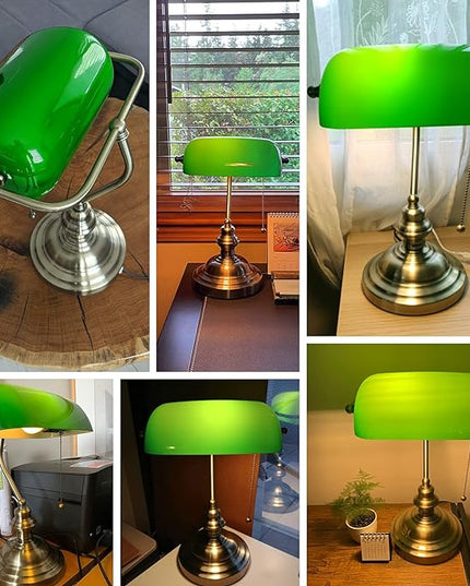 Newrays Glass Bankers Desk Lamp with Pull Chain Switch Plug in Fixture (Green) - LeafyLoom