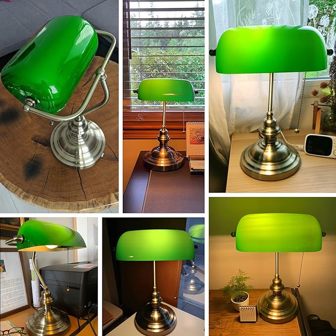 Newrays Glass Bankers Desk Lamp with Pull Chain Switch Plug in Fixture (Green) - LeafyLoom
