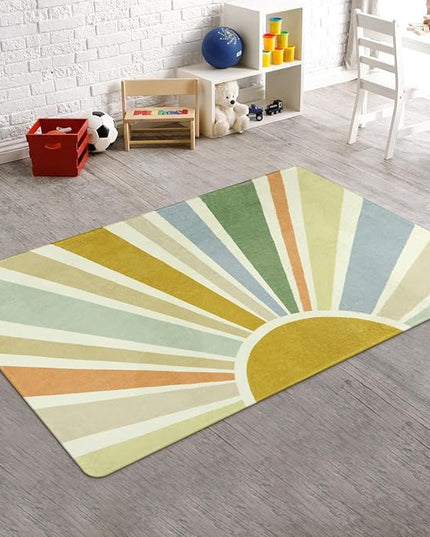 Boho Washable Rug 3'x5' Rug Kids Area Rug for Playroom, Colorful Kids Rug for Bedroom, Non-Slip Throw Sun Carpet Soft Small Sunshine Rug for Office Nursery Entryway Dorm - LeafyLoom