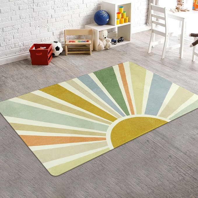 Boho Washable Rug 3'x5' Rug Kids Area Rug for Playroom, Colorful Kids Rug for Bedroom, Non-Slip Throw Sun Carpet Soft Small Sunshine Rug for Office Nursery Entryway Dorm - LeafyLoom