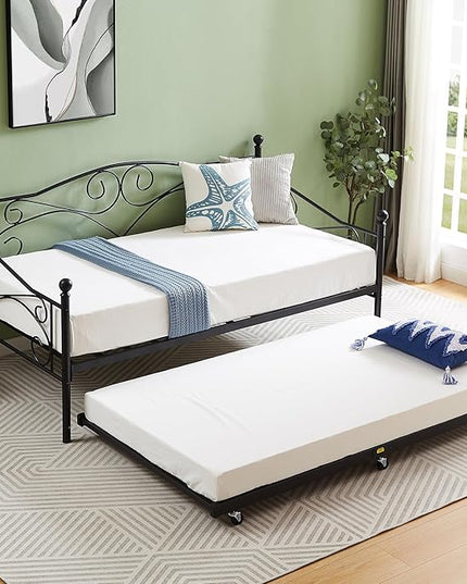 VECELO Twin Trundle Bed Frame Only/Roll Out/Enhanced & Up-Graded Metal Slats Support, Black - LeafyLoom