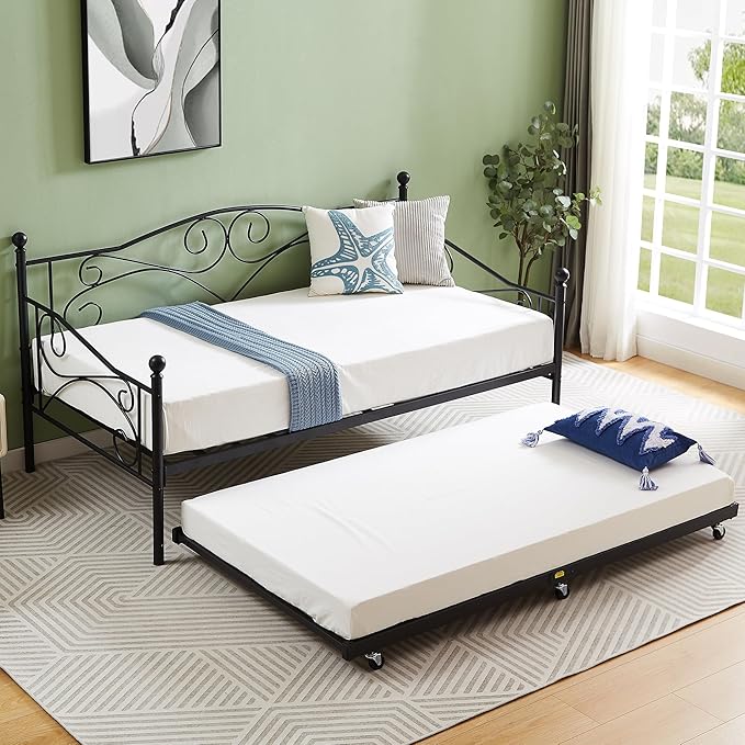 VECELO Twin Trundle Bed Frame Only/Roll Out/Enhanced & Up-Graded Metal Slats Support, Black - LeafyLoom