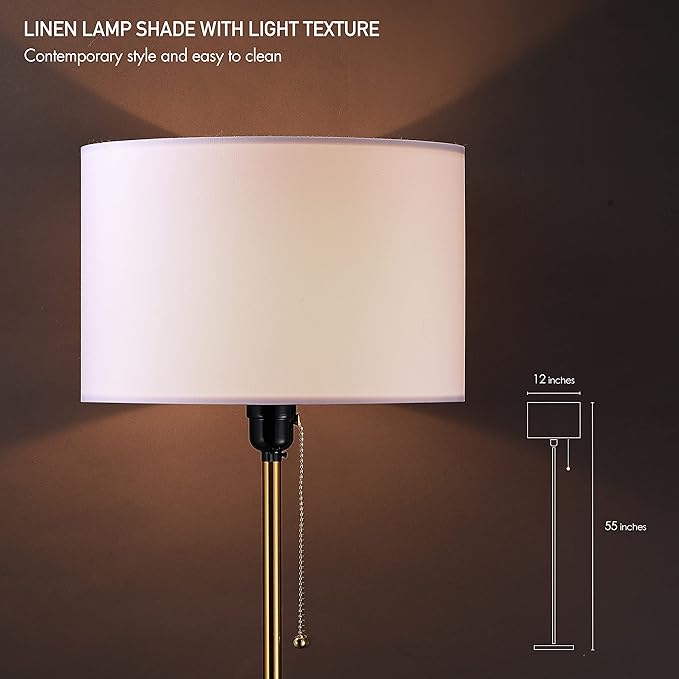 O’Bright Ted - Drum Shade Standing Lamp, Pull Chain Switch, E26 Socket, Modern Minimalist Design, Simple Floor Lamp for Living Room, Bedroom, Office, Antique Brass - LeafyLoom