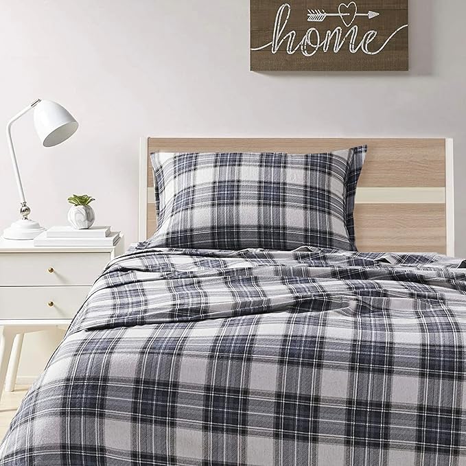 Comfort Spaces Cotton Flannel Breathable Warm Deep Pocket Sheets With Pillow Case Bedding, Twin, Scottish Plaid Blue, 3 Piece - LeafyLoom