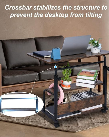Portable Desk Small Desks for Small Spaces Laptop Table Rustic Rolling Adjustable Desk on Wheels Mobile Couch Desk for Bedroom Home Office Computer Standing Desk Student Desk with Storage 32x16 Inch - LeafyLoom