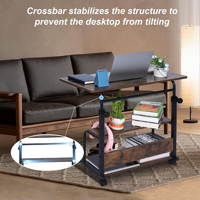 Portable Desk Small Desks for Small Spaces Laptop Table Rustic Rolling Adjustable Desk on Wheels Mobile Couch Desk for Bedroom Home Office Computer Standing Desk Student Desk with Storage 32x16 Inch - LeafyLoom