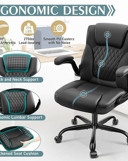 Leather Office Chair, PU Home Computer Desk Chairs with Ergonomic Back Support, 360°Swivel Free，Small Gmaing Chair with Wheels and Adjustable Armrests, for Short People Use, Black - LeafyLoom