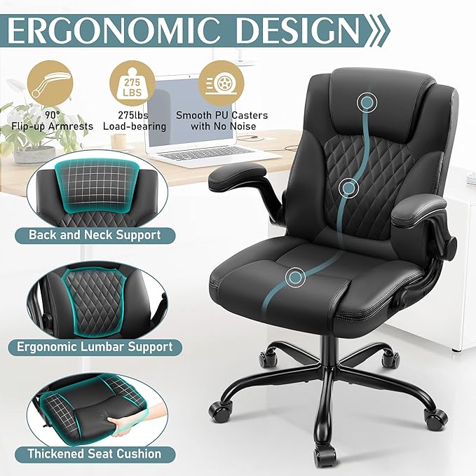 Leather Office Chair, PU Home Computer Desk Chairs with Ergonomic Back Support, 360°Swivel Free，Small Gmaing Chair with Wheels and Adjustable Armrests, for Short People Use, Black - LeafyLoom
