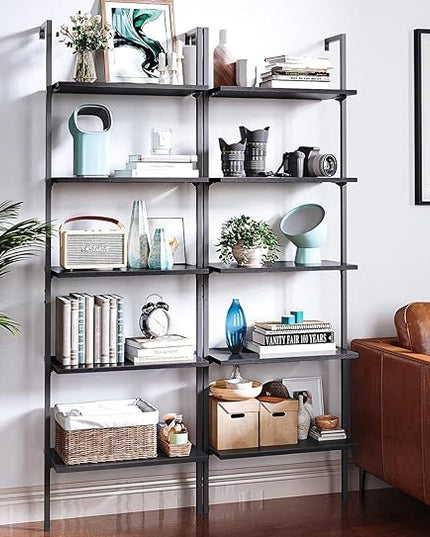 ODK 5-Tier Ladder Shelf, 74 Inches Wall Mounted Ladder Bookshelf with Metal Frame, Open Industrial Shelves for Home Office, Bedroom and Living Room, Black - LeafyLoom