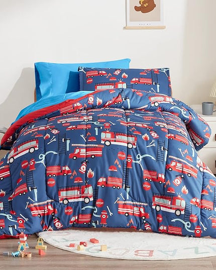 SLEEP ZONE Kids Bedding Comforter Set Full/Queen Size - 7 Pieces Super Cute & Soft Bedding Sets & Collections with Comforter, Sheet, Pillowcase & Sham - Fade Resistant Easy Care (Fire Truck) - LeafyLoom