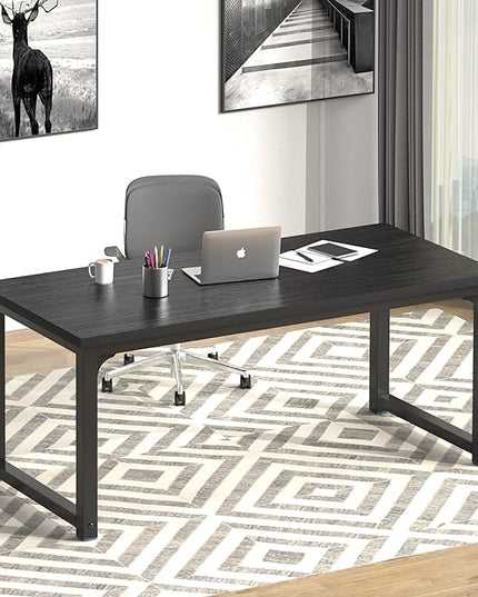 NSdirect 63 inch Computer Desk,Modern Simple Style PC Table Office Desk Wide Workstation for Study Writing,Gaming and Home Office,Extra 1" Thicker Wooden Tabletop and Black Metal Frame,Black - LeafyLoom