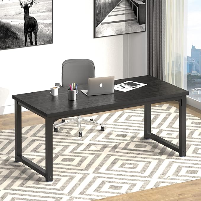 NSdirect 63 inch Computer Desk,Modern Simple Style PC Table Office Desk Wide Workstation for Study Writing,Gaming and Home Office,Extra 1" Thicker Wooden Tabletop and Black Metal Frame,Black - LeafyLoom
