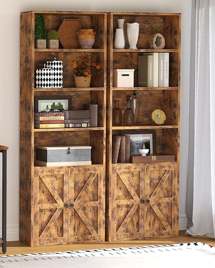 oneinmil 6 Tier Bookshelf and Bookcase Set of 2,Wooden Bookshelves with Cabinet Doors, Floor Bookshelves and Office Storage Cabinets for Home Office, Living Room,Brown - LeafyLoom