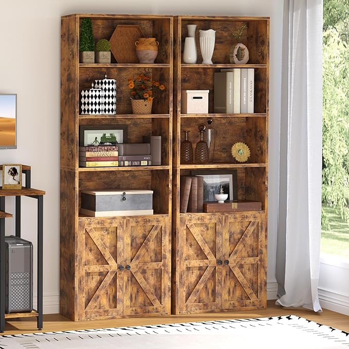 oneinmil 6 Tier Bookcase, Wooden Bookshelves with Cabinet Doors, Floor Bookshelf and Office Storage Cabinets for Home Office, Living Room,Brown - LeafyLoom