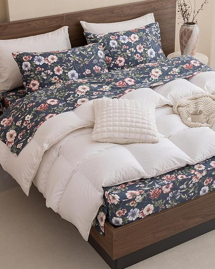 QSH Floral Queen Size Sheet Sets - 100% Egyptian Cotton Sheets Elegant Navy Flower Pattern Printed Bedding Sheets Queen Size Bed Extra Soft and Breathable 4pcs Deep Pockets Bed Sheets - LeafyLoom
