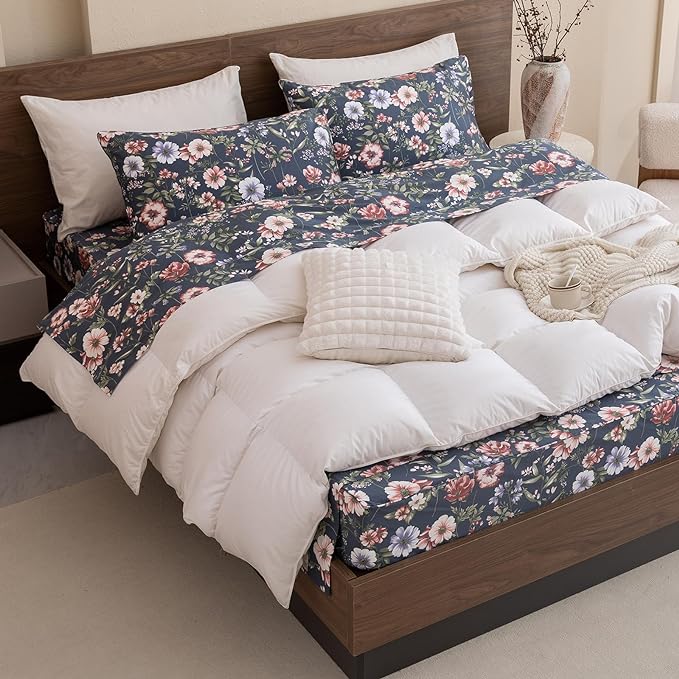 QSH Floral Queen Size Sheet Sets - 100% Egyptian Cotton Sheets Elegant Navy Flower Pattern Printed Bedding Sheets Queen Size Bed Extra Soft and Breathable 4pcs Deep Pockets Bed Sheets - LeafyLoom