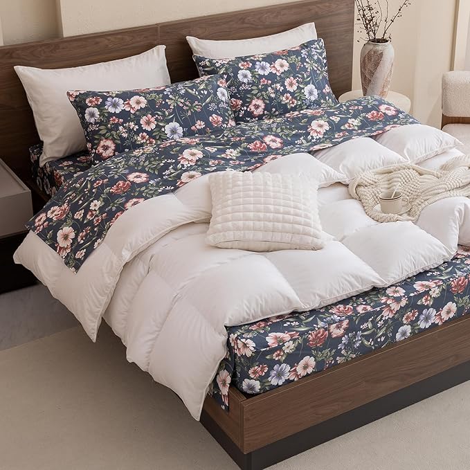 QSH Floral King Size Sheet Sets - 100% Egyptian Cotton Floral Bedding Sheets Navy Flower Pattern Printed Bedding King Size Bed Sheets 17.5" Extra Deep Pocket 4pcs - LeafyLoom