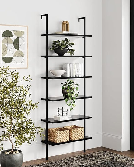 Nathan James Theo 6-Shelf Tall Bookcase, Wall Mount Bookshelf Wood Shelves and Metal Frame, Matte Black - LeafyLoom