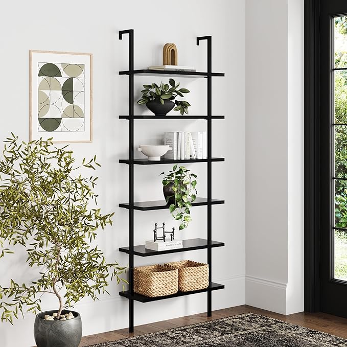 Nathan James Theo 6-Shelf Tall Bookcase, Wall Mount Bookshelf Wood Shelves and Metal Frame, Matte Black - LeafyLoom