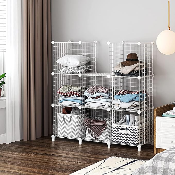 Wolizom Wire Cube Storage, Metal Grids Shelves Bookshelf, Stackable Modular Shelving Organizer, DIY Closet Bookcase Bookshelf, Grid Storage Shelf for Bedroom, Living Room, Office (White, 8 Cube) - LeafyLoom