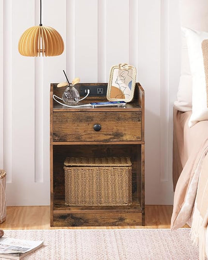 HOOBRO Nightstand with Charging Station, End Table with Drawer and Opening Shelf, Side Table with USB Ports and Outlets, Bedside Table for Bedroom, Small Night Stand, Rustic Brown FG18UBZ01 - LeafyLoom