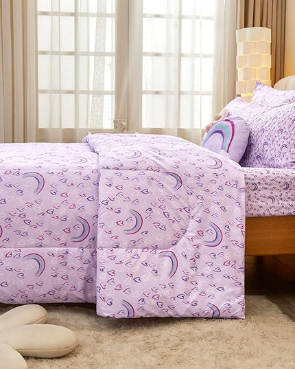 Mooreeke Twin Size Comforter Sets for Girls Kids, 6 Pieces Bed in a Bag Purple Love Rainbow Bedding Comforter Sheet Set with Shams and Decorative Toy Pillow, Ultral Soft Microfiber Kids Bed Set - LeafyLoom